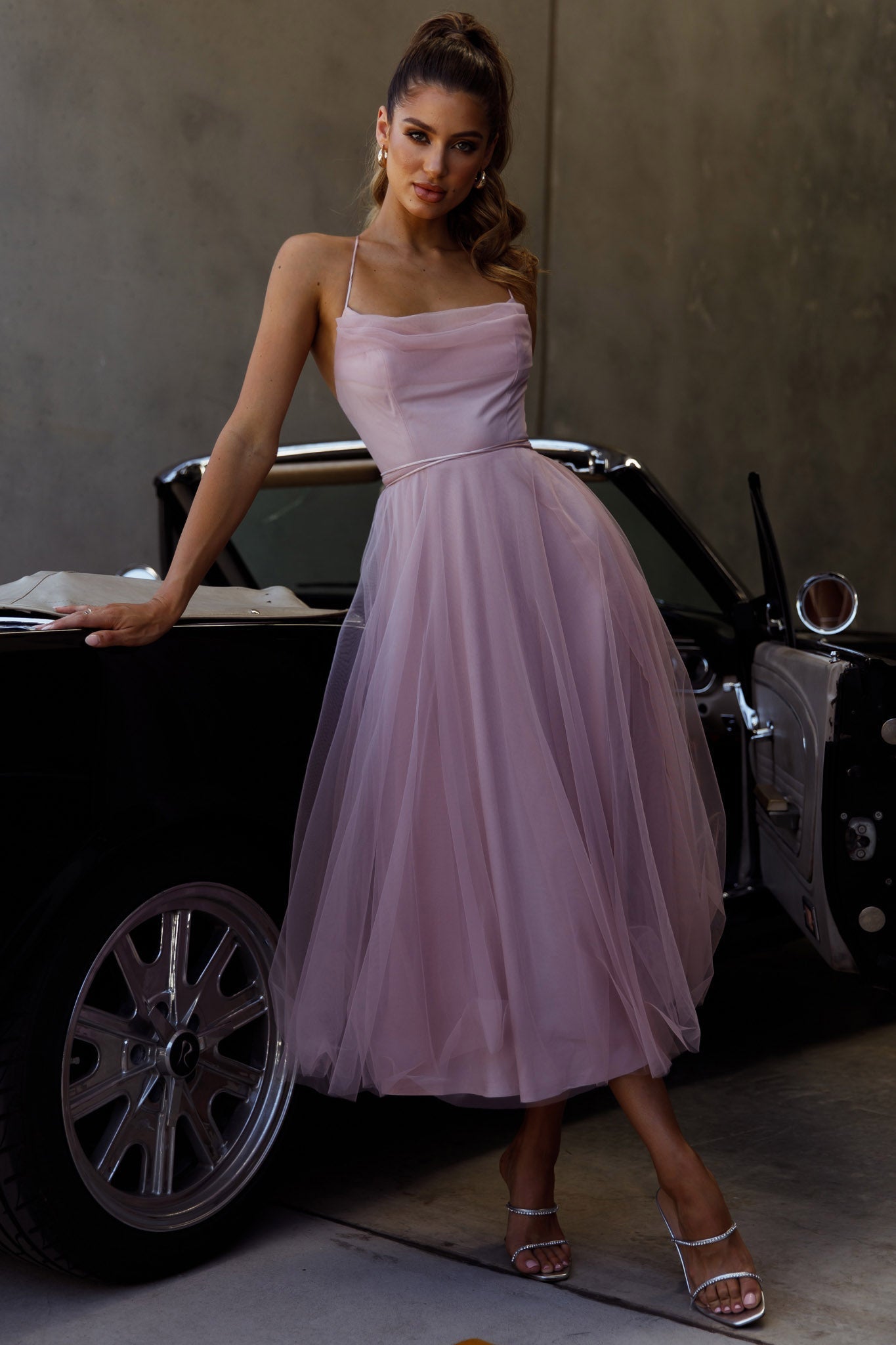 Floating By Pleated Neckline Mesh Midi Dress Blush
