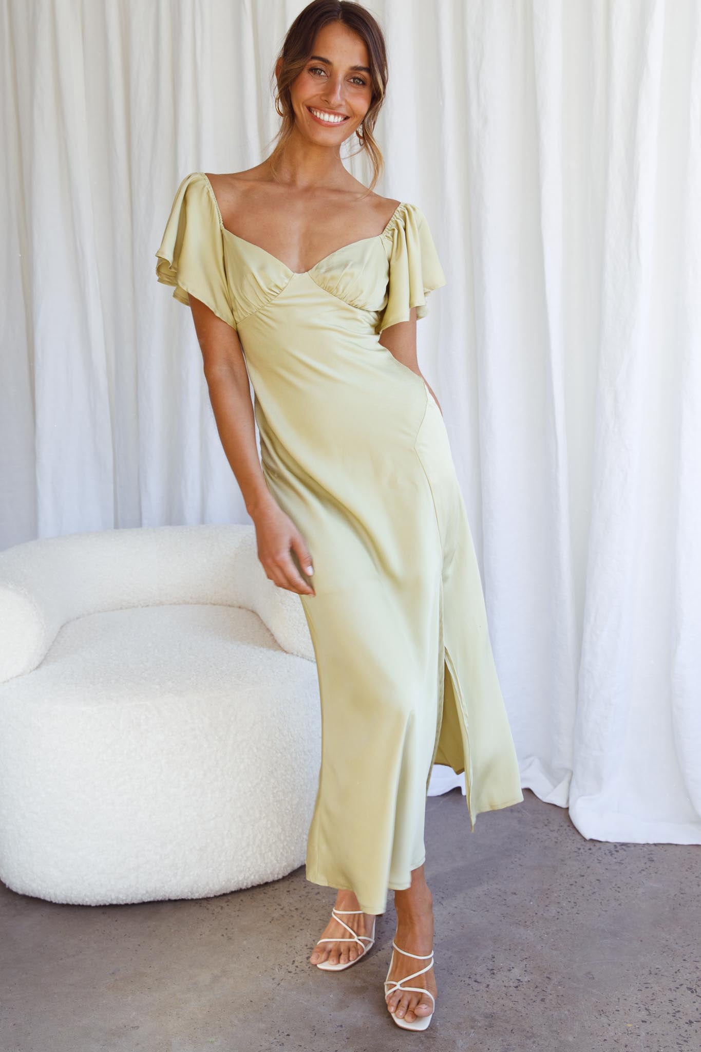 Park Avenue Flutter Sleeve Side Split Midi Dress Matcha