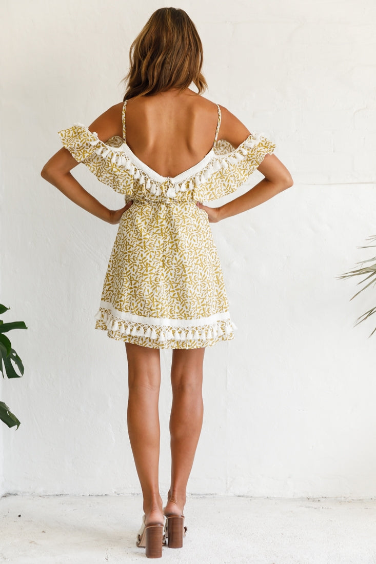 Hayman Cold-Shoulder Tassel Trim Dress Mustard Print